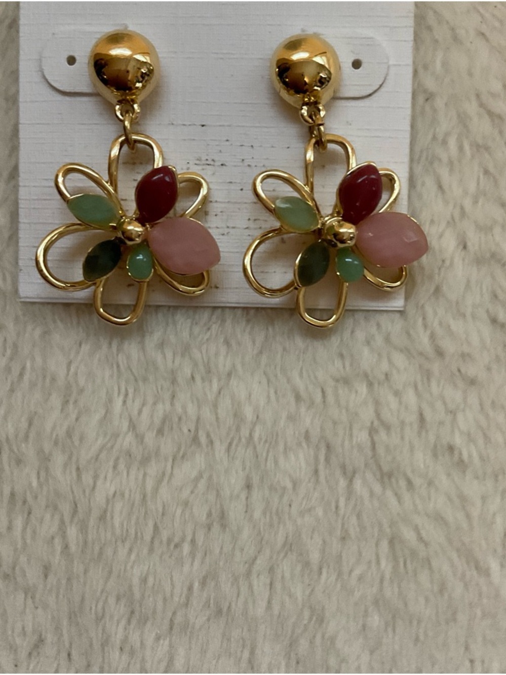 Talbots Gold Floral Dangle Earrings with Pink and Green Stones - Picture 3 of 3